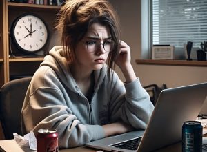 Stressed college student struggling with exam preparation and time management issues
