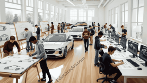 ArtCenter College of Design transportation design studio with students sketching car concepts and 3D models