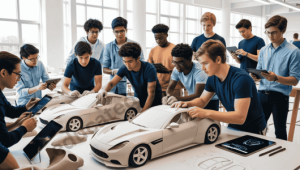Students working on automotive design projects at top design school with clay models and digital tablets